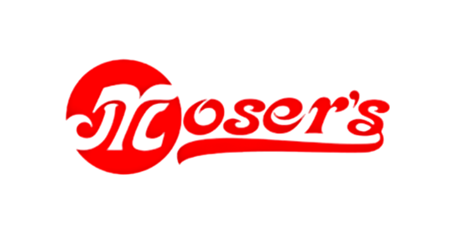 Red neon logo of Toser's with a stylized crescent shape and cursive white lettering.