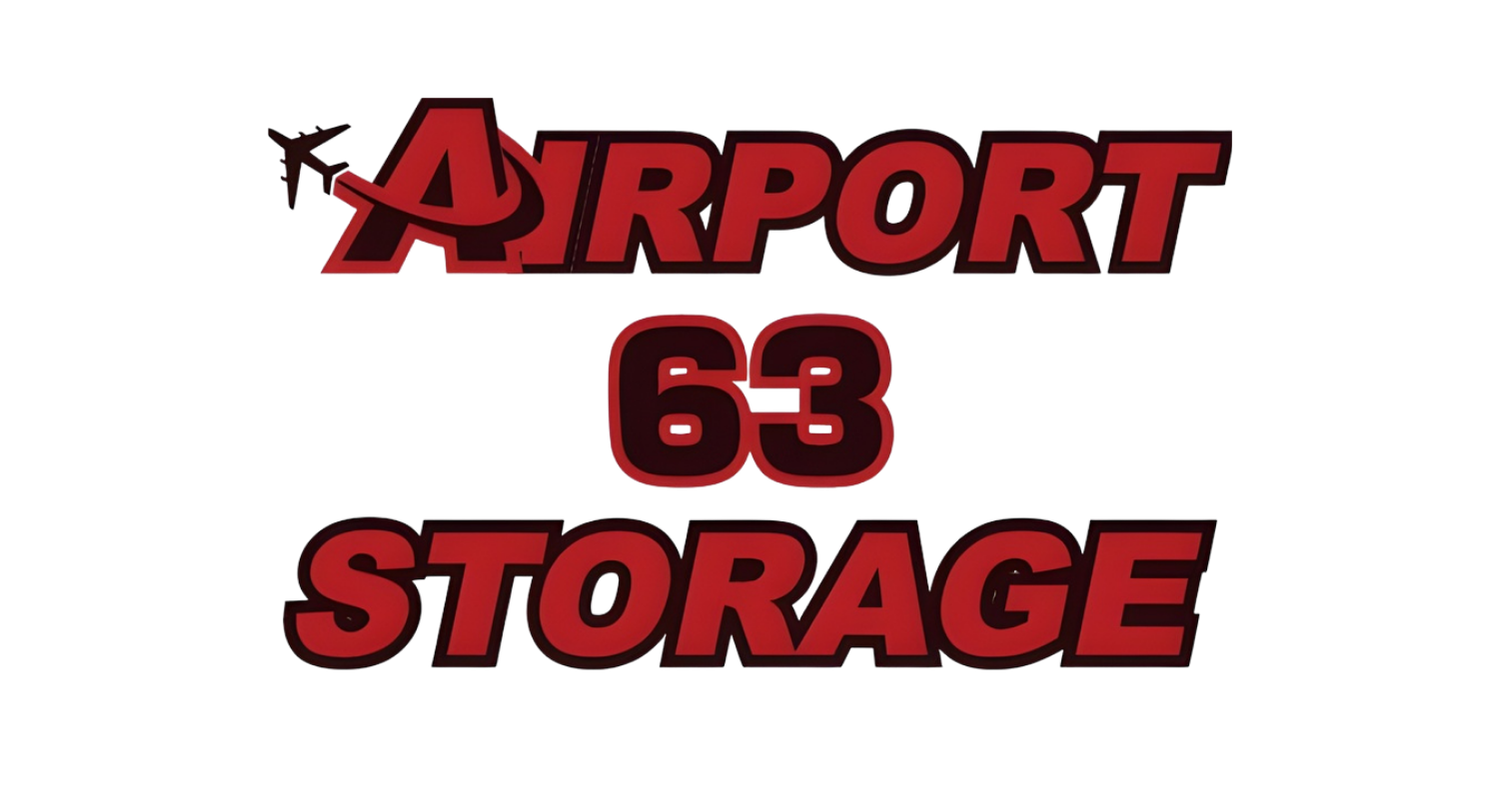 Logo for Airport 63 Storage featuring stylized red and black text and a small airplane graphic.