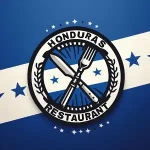 Honduras Restaurant logo featuring a fork and knife crossed inside a circular emblem with stars and laurel. Background in blue and white.