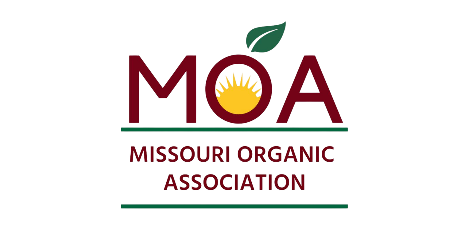 Logo of Missouri Organic Association featuring a stylized sun, green leaf, and the abbreviation MOA, with text beneath reading 'Missouri Organic Association' in maroon.