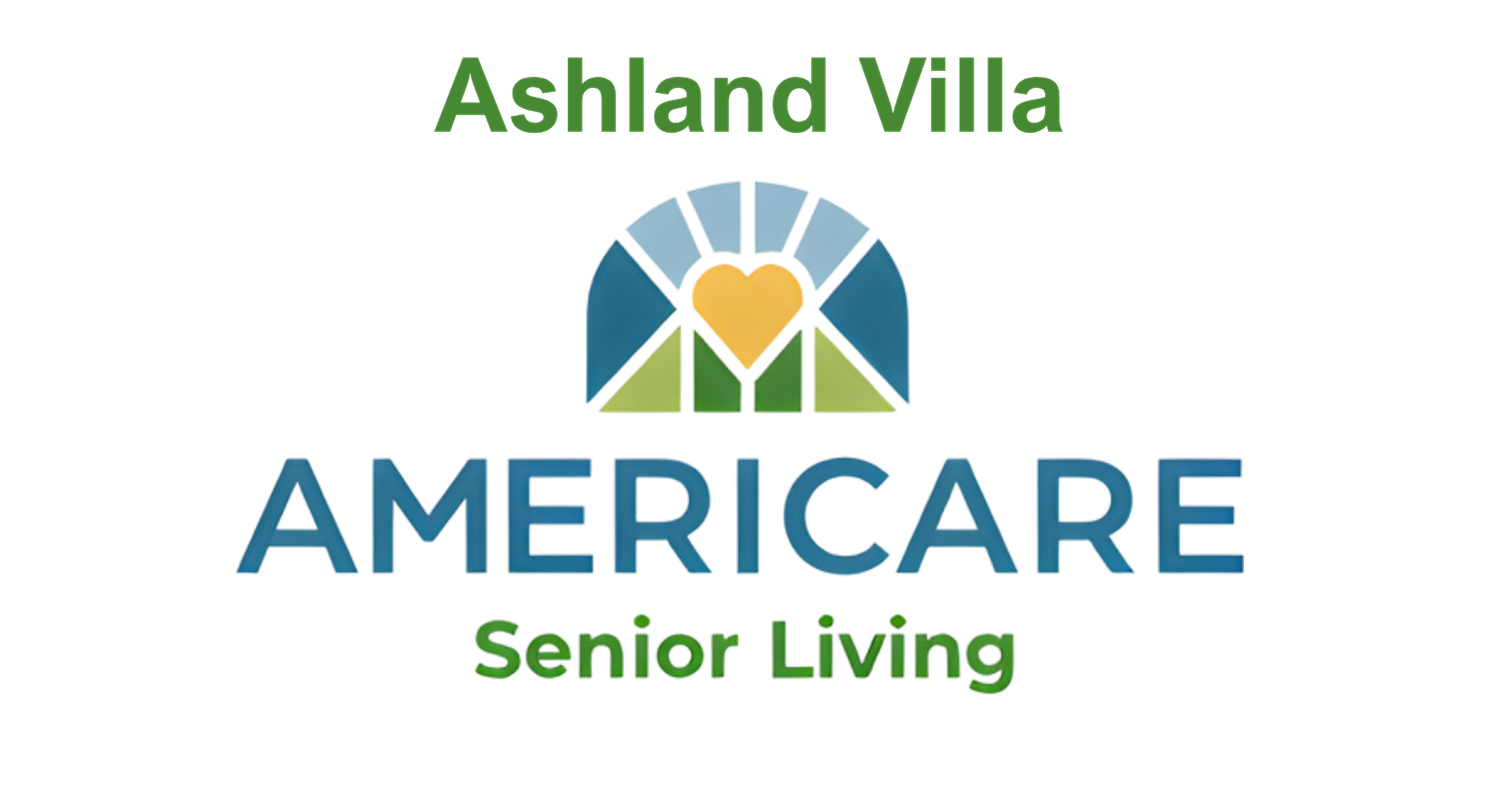 Logo for Ashland Villa Americare Senior Living featuring a stained glass window with a heart in the center, with the words "Ashland Villa" in green above, and "Senior Living" in green below, and "AMERICARE" in blue in the middle.