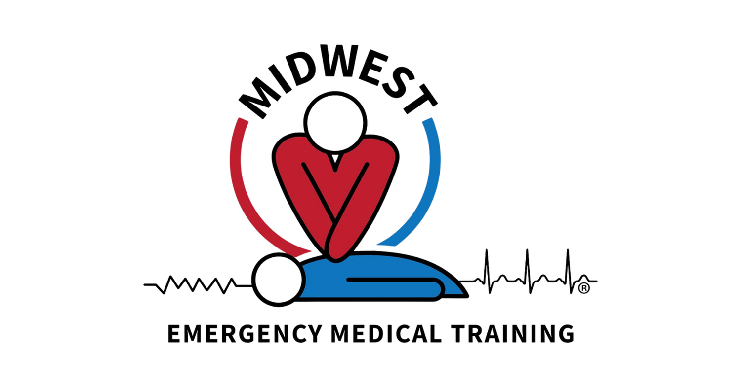 Logo of emergency medical training company featuring a stylized heart with a pulse line and a medical figure, with the words 'Emergency Medical Training' below.