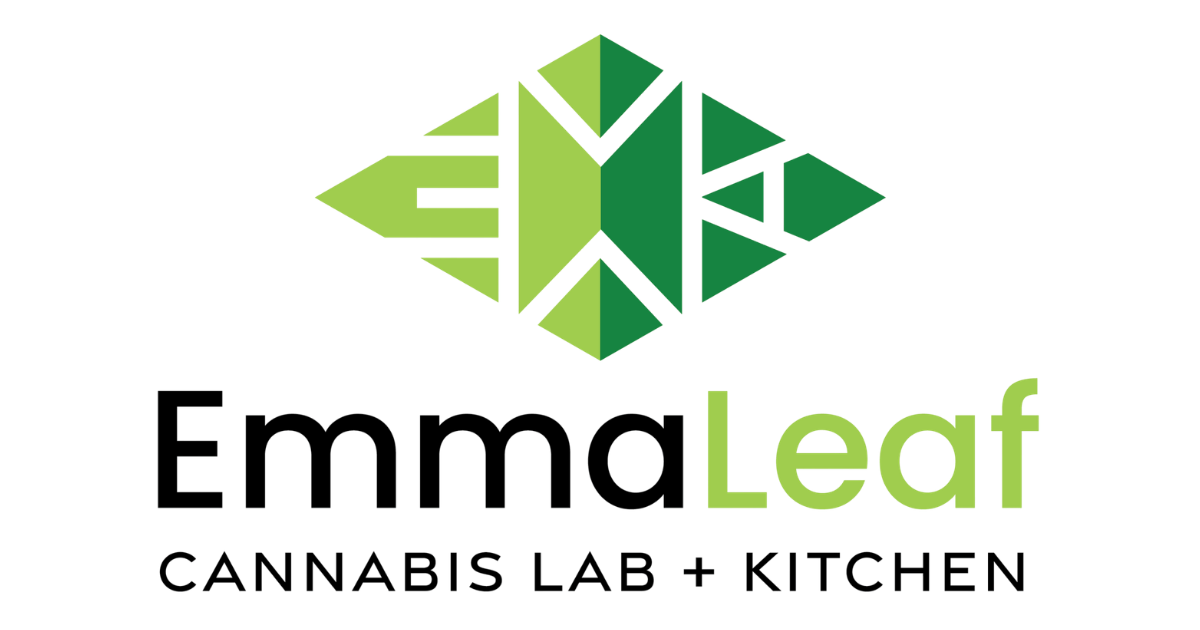 Logo for EmmalLeaf Cannabis Lab and Kitchen with a stylized green leaf and black text.