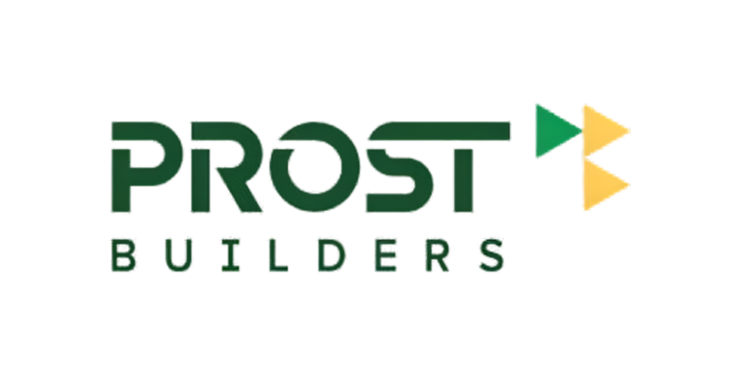 Logo for 'Prost Builders' featuring the words 'PROST' and 'BUILDERS' with a green arrow pointing right and yellow arrows at the end.