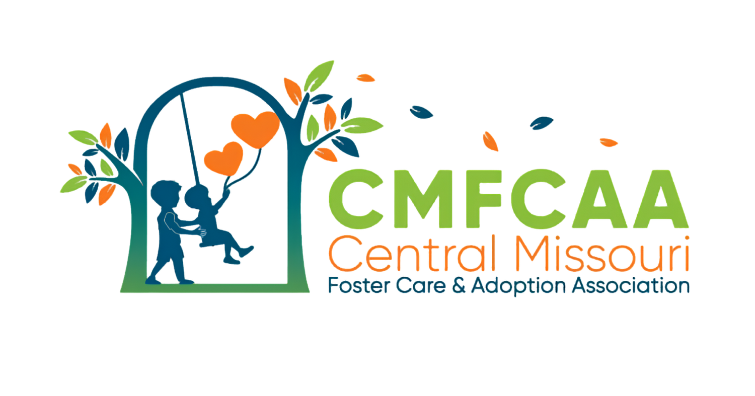 Logo for Central Missouri Foster Care & Adoption Association with a stylized tree, swing, and children, in bright colors.