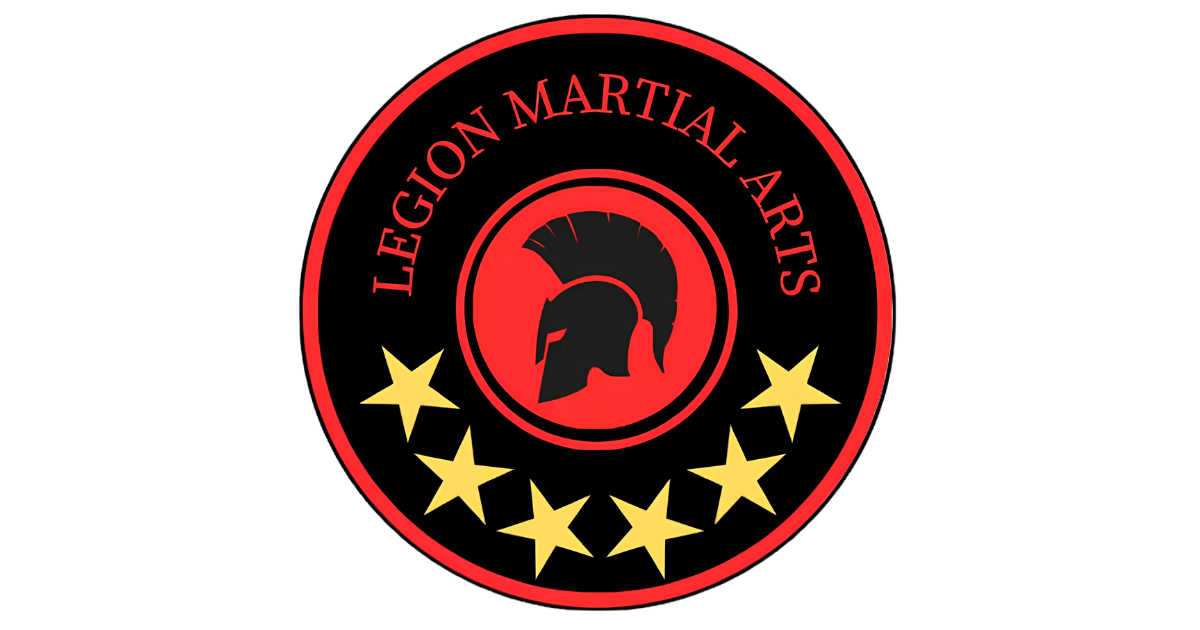 Logo of the Legion Martial Arts featuring a black and red shield with a helmeted warrior's profile, eight yellow stars, and the text 'Legion Martial Arts' in red.