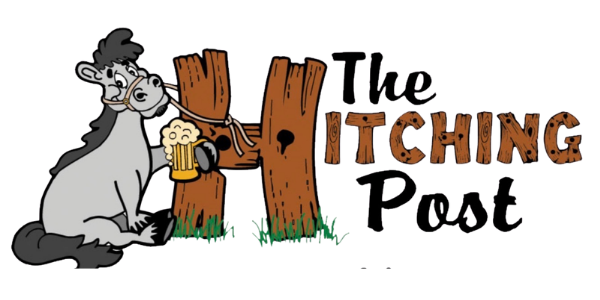 A cartoon donkey hanging a beer mug on a clothesline between two wooden posts with the words 'The Bitching Post' written in stylized text across the image.
