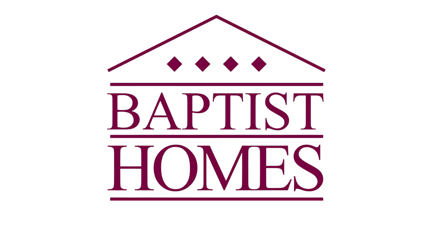 Logo for Baptist Homes featuring a stylized house with a triangular roof and four diamond-shaped windows, and the words "Baptist Homes" in purple uppercase letters.