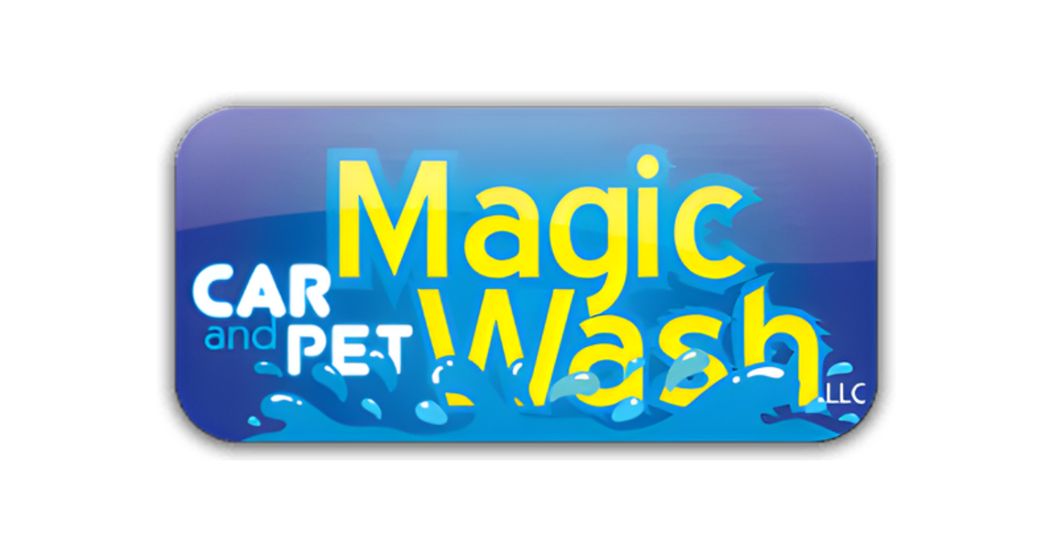 Logo for Magic Car and Pet Wash LLC with blue and yellow text and splash graphic.
