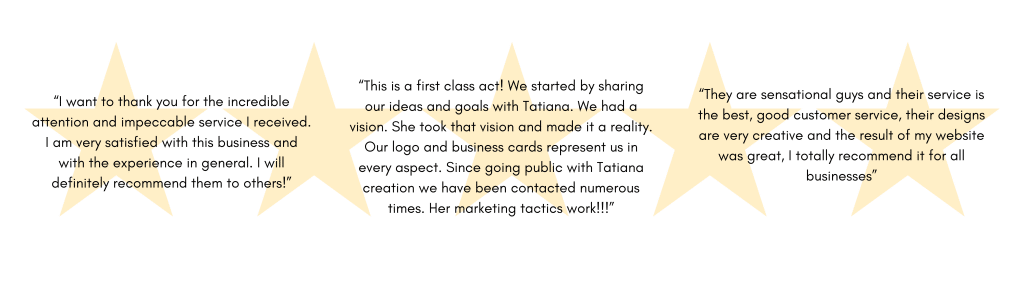 Five large gold stars with black text overlaying them, highlighting positive customer reviews or testimonials.