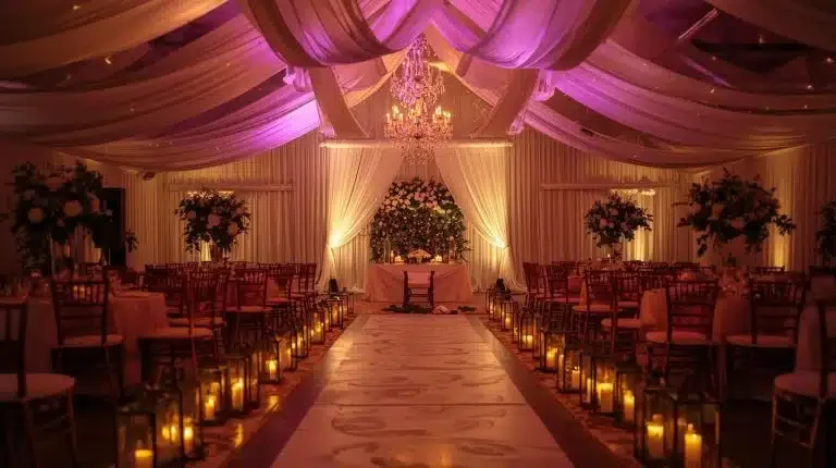 Elegant wedding reception hall with draped fabric ceiling, chandelier, flower arrangements, and candle-lit pathways.