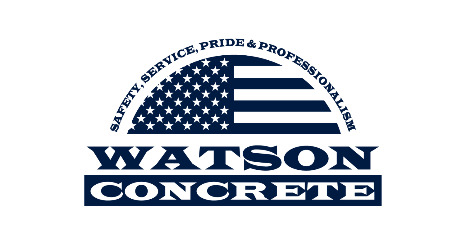 Logo for Watson Concrete with an American flag design and the tagline 'Service, Pride & Professionalism' curved around the flag.