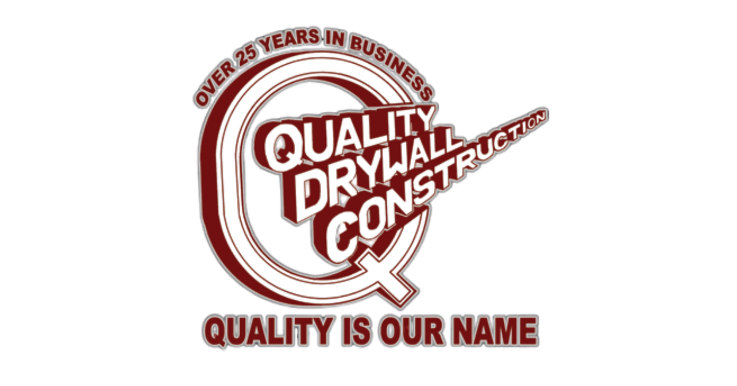 Logo of a drywall construction company featuring a maroon and white circular emblem with a stylized Q symbol. The company celebrates over 25 years in business with the slogan "Quality drywall construction" and the tagline "Quality is our name" at the bottom.