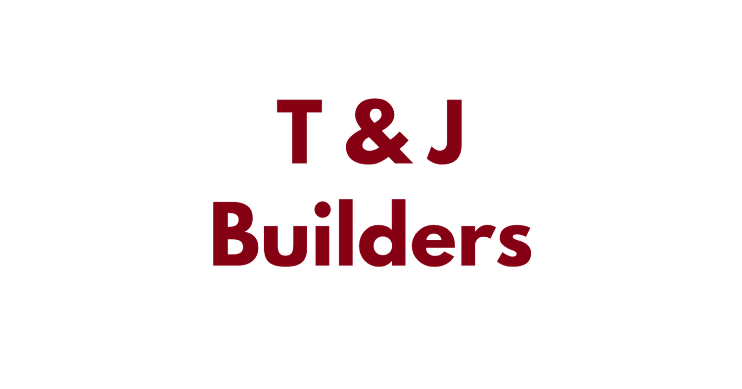 Logo with black silhouette of a construction worker wearing a yellow hard hat, with the text 'T & J Builders' in red and black.
