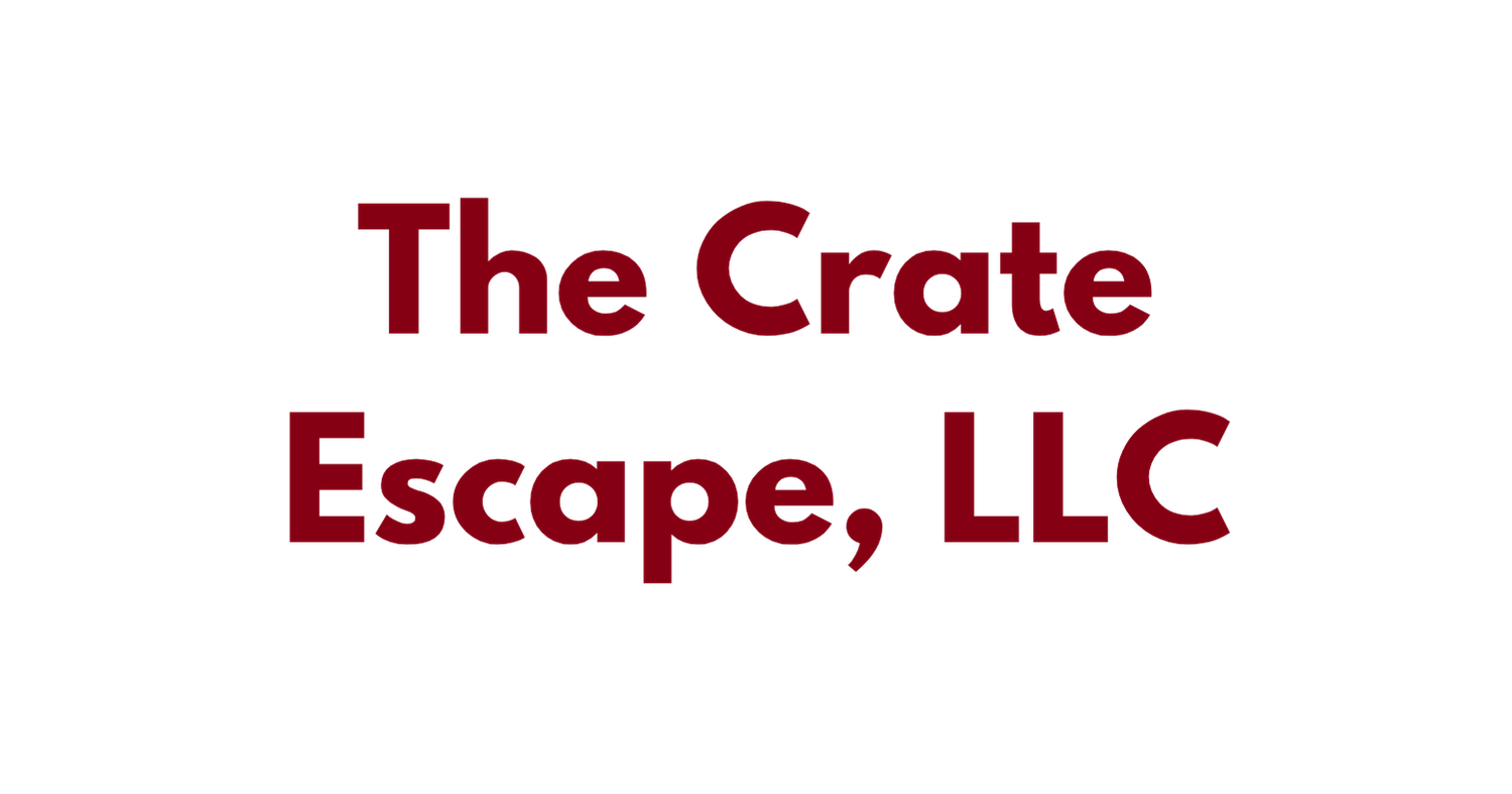 Logo for The Crate Escape, LLC with the text in maroon on a black background.