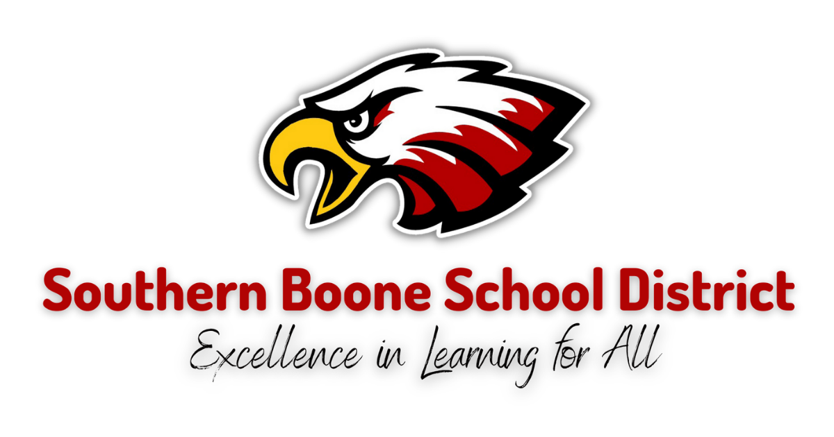 Logo of Southern Boone School District featuring an eagle with a white head, red and black feathers, and yellow beak, with the district's name in red text.