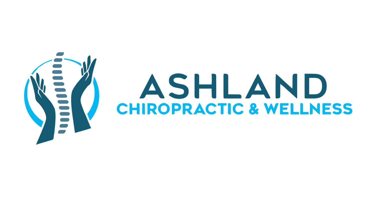 Logo for Ashland Chiropractic & Wellness, featuring a spine design within a circular shape with hands on either side, and text to the right.