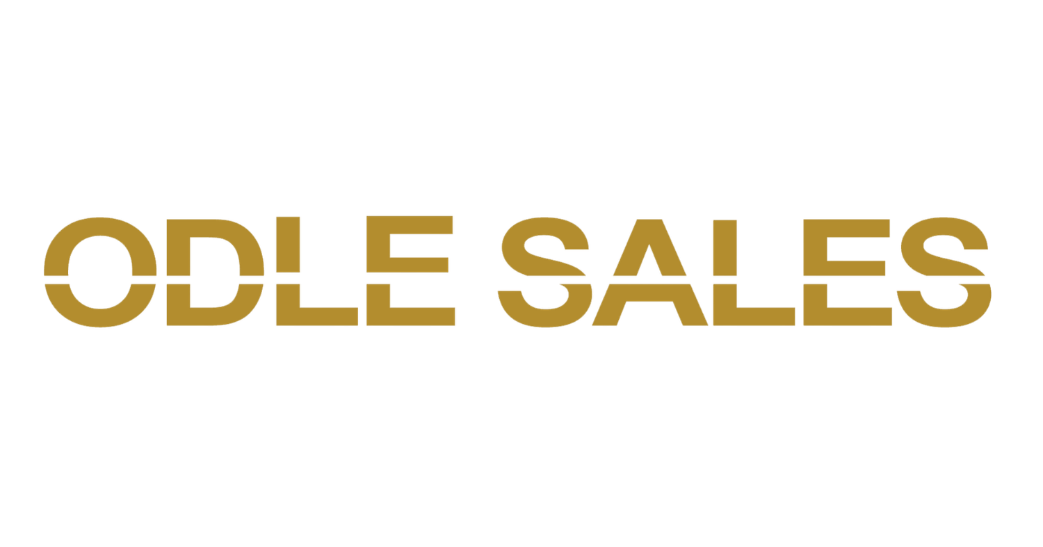 Graphic with text 'Ode Sales' in gold and red colors on a black background.