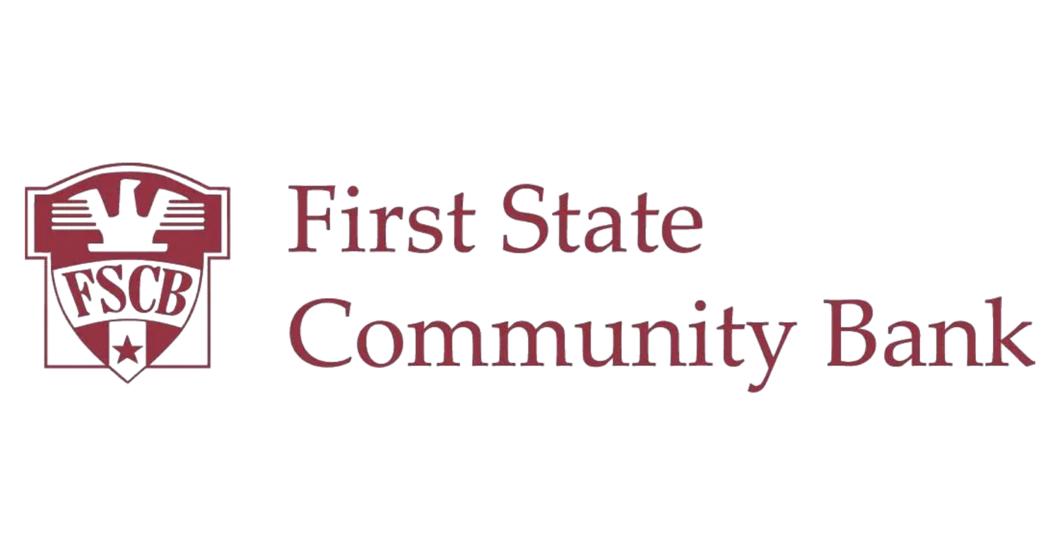 Logo of First State Community Bank with the bank's name in purple text and a shield emblem to the left.