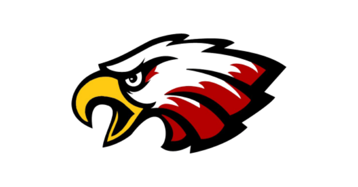 Logo combining a stylized yellow hawk's head with a red and black stylized hawk's body on a black background.