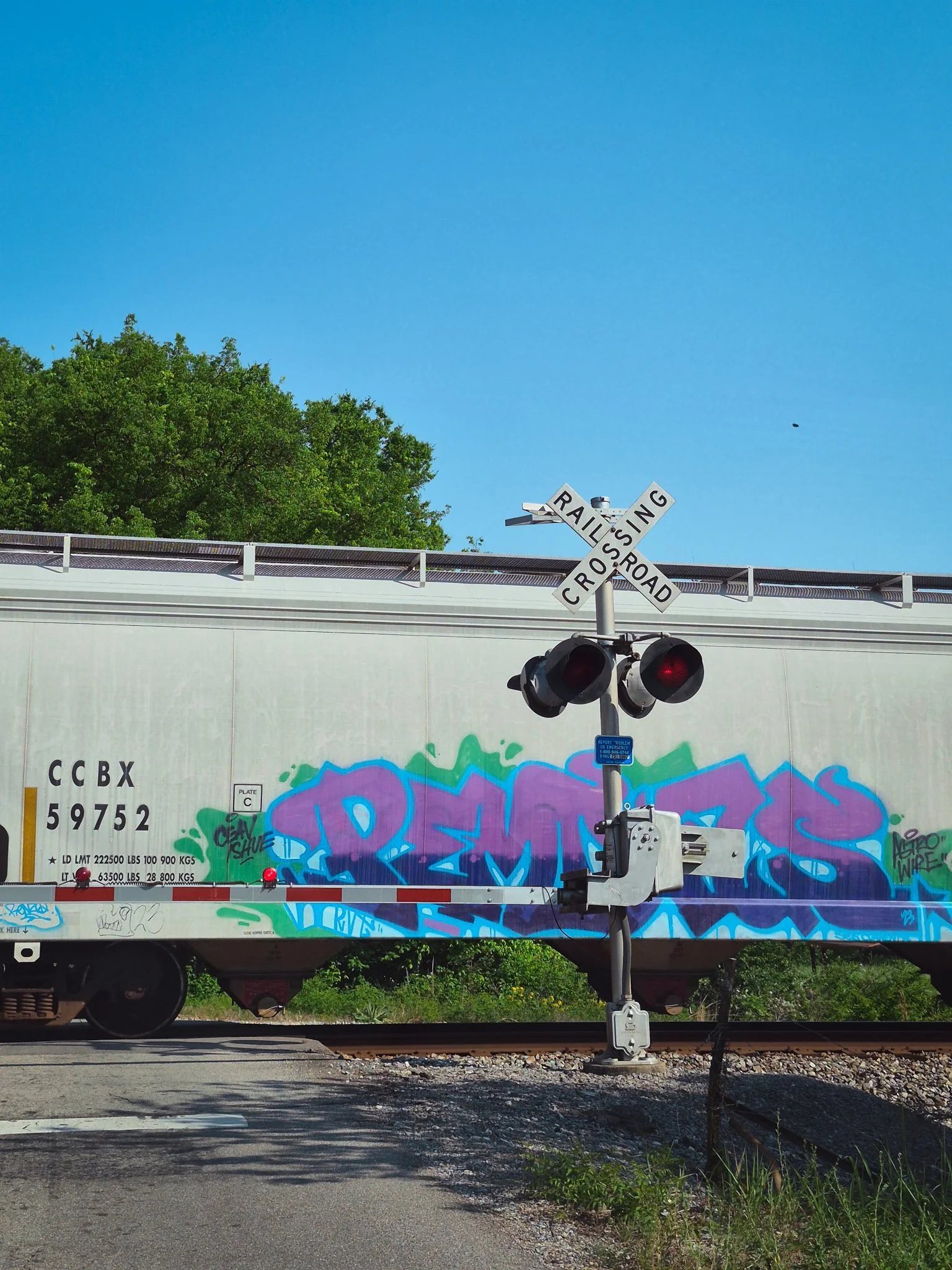 Freight train with colorful purple graffiti passing a railroad crossing under a bright blue sky.