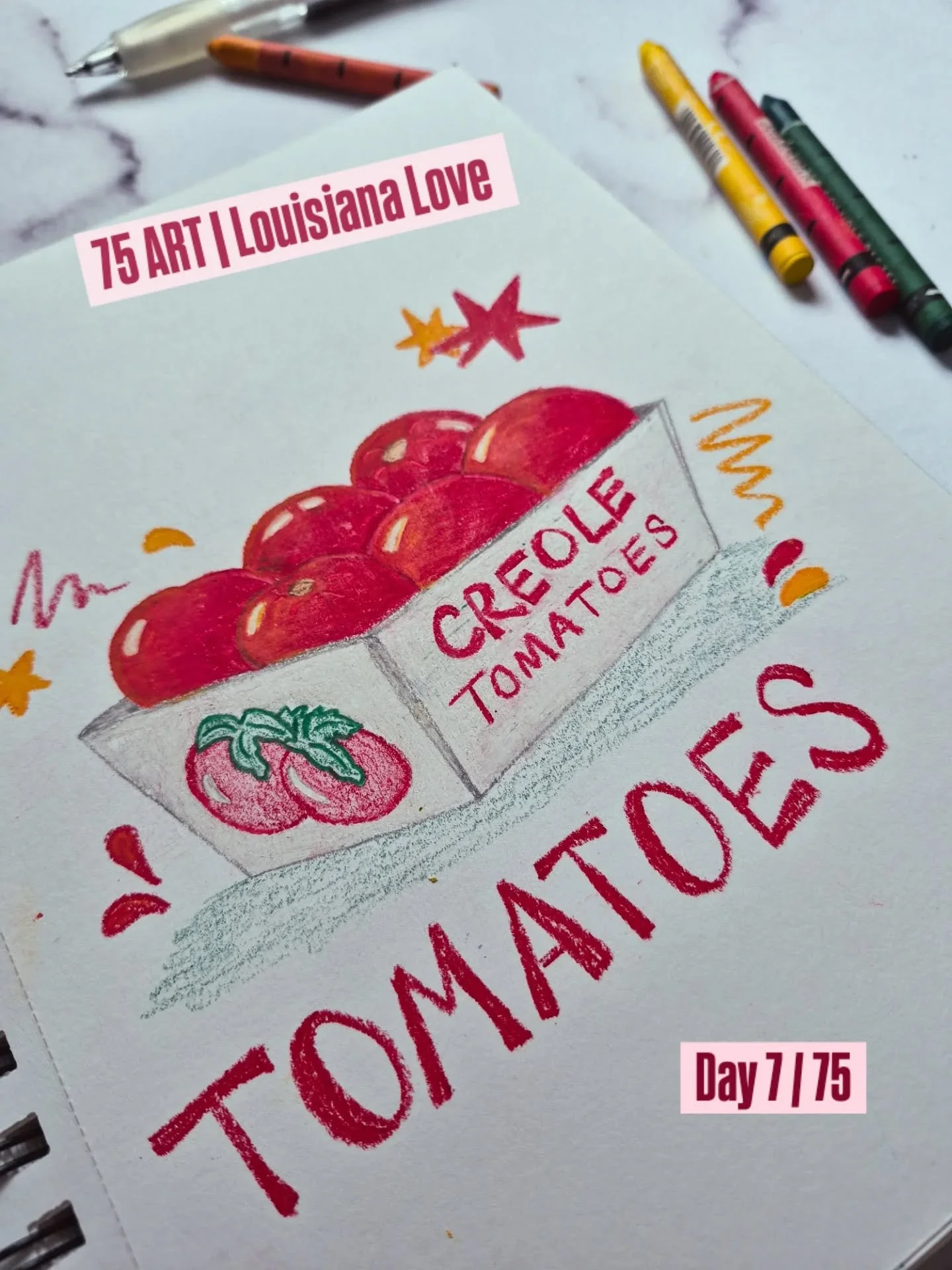 Louisiana Love &mdash; Day 7 of a 75 ART

Creole tomatoes 🍅
Messy, sun-warmed, and worth waiting for.

Letting this challenge be what it is instead of forcing it. Schedule disruptions happen a lot during this season. It's ok.

Still here. Still draw