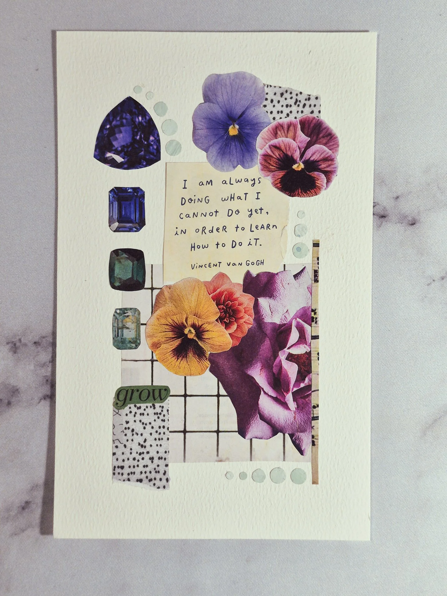 overhead view of an analog collage with a van gogh quote in the middle