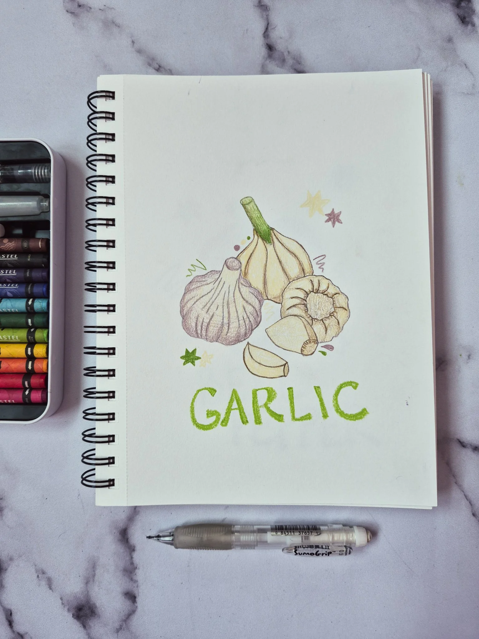 overhead image of a sketchbook with a garlic illustration on a white marble background
