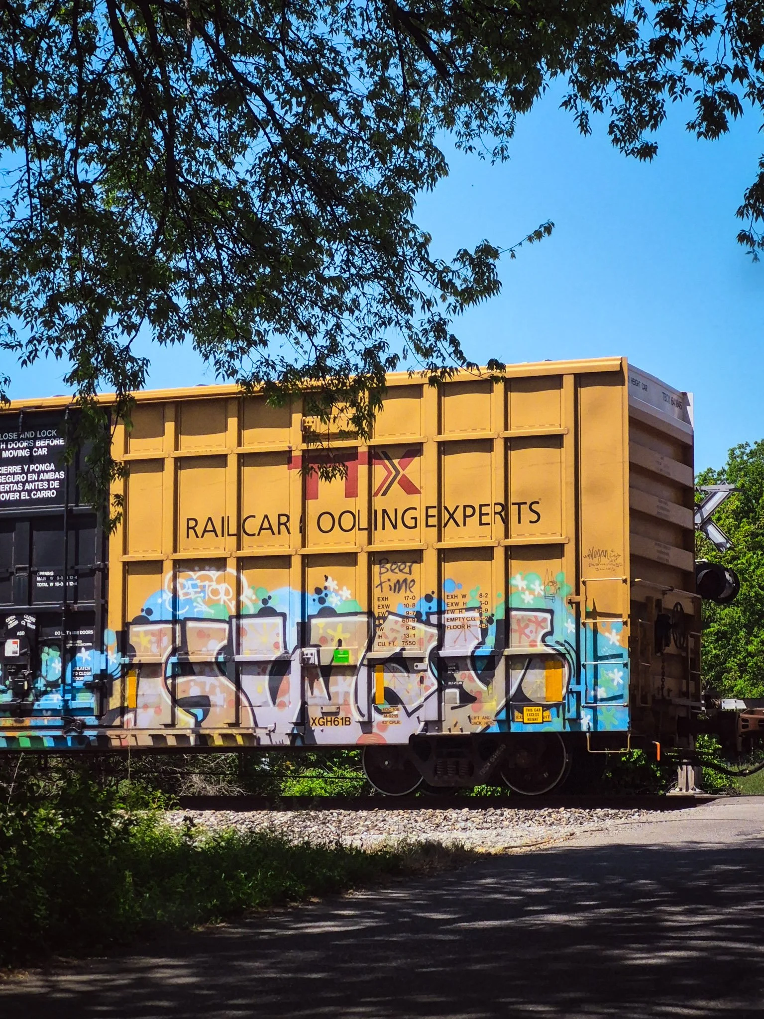 Yellow freight train with colorful graffiti passing through a tree-lined railroad crossing