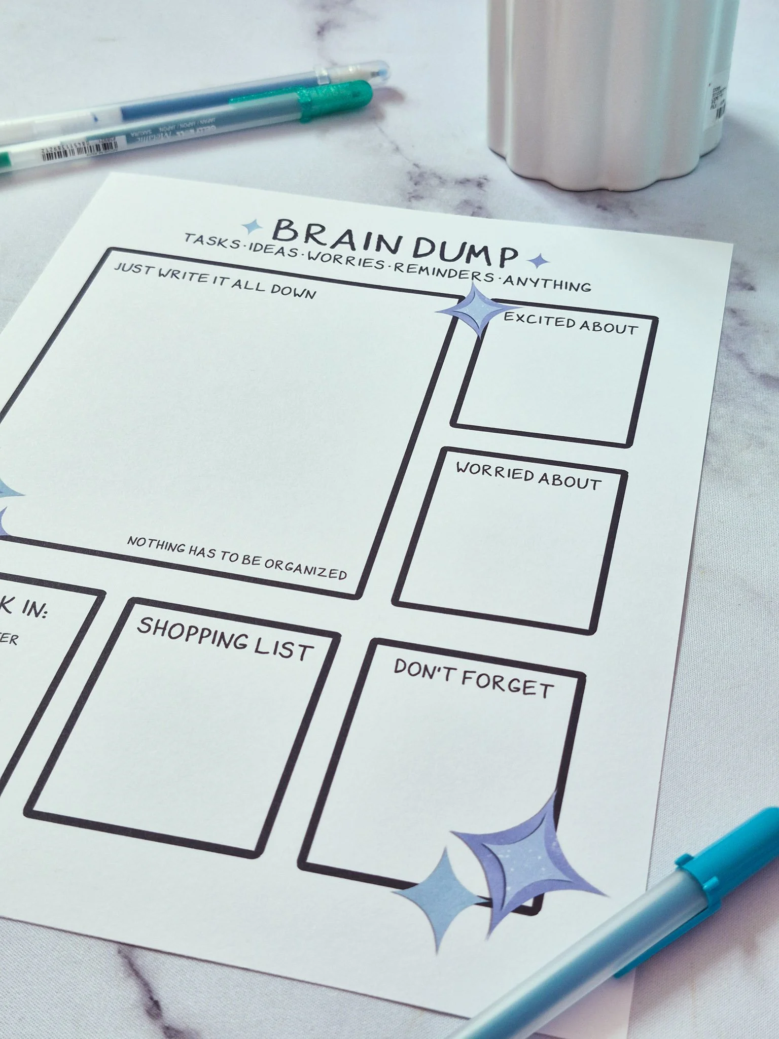 Close-up of a brain dump planner printable showing self-care check-in and list sections