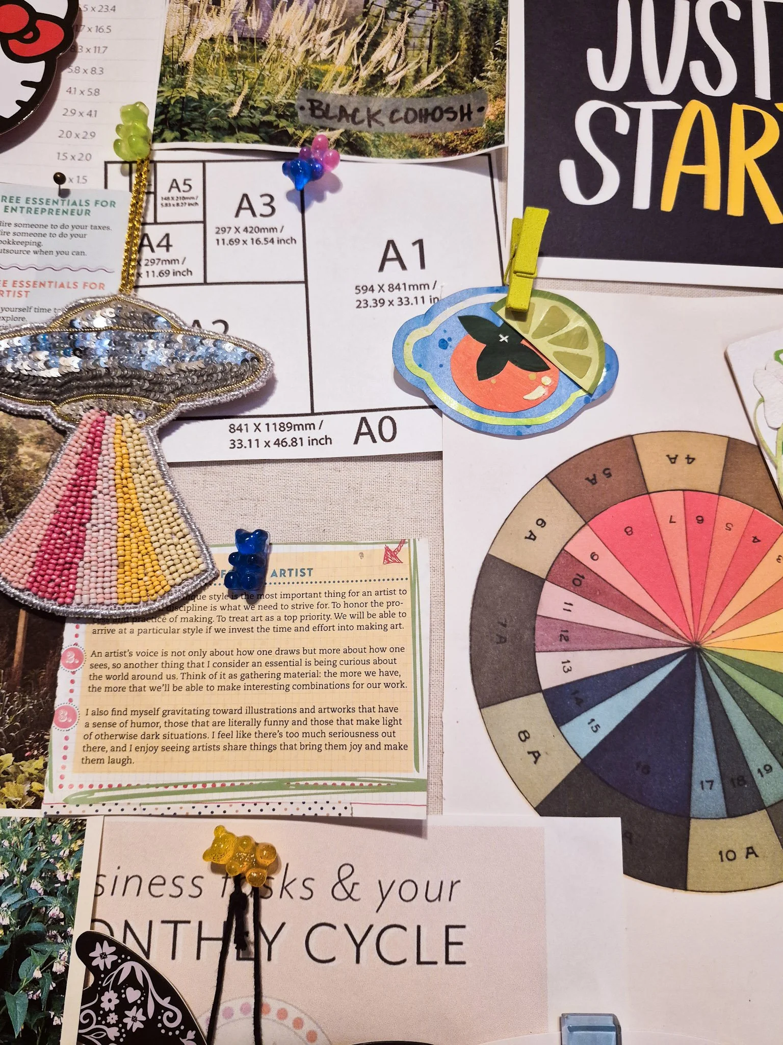 closeup of artist's colorful vision board