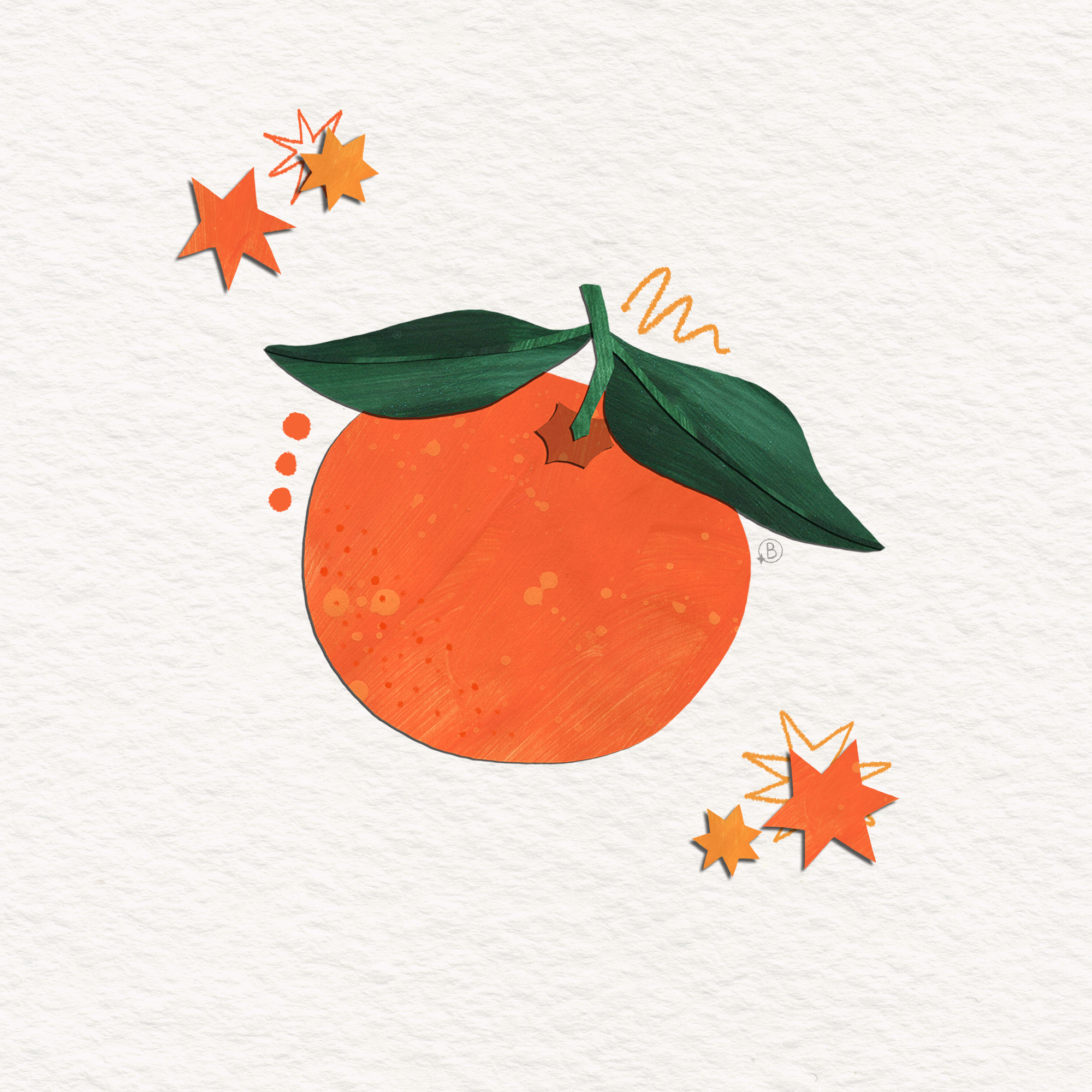 A bright orange illustration with hand drawn star and swirl embellishments around it