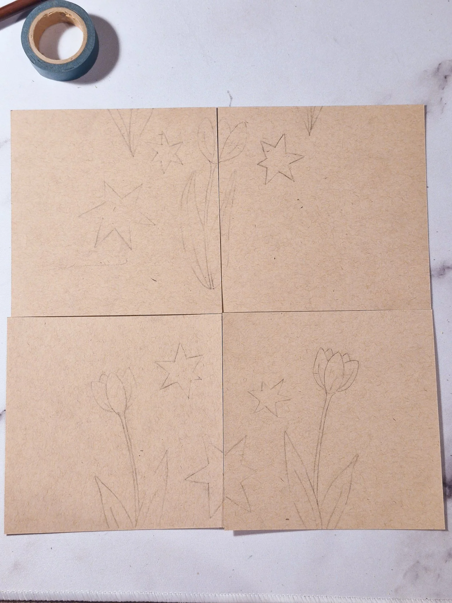 Drawing added into the newly created center area after rearranging paper pieces to continue the repeat pattern.