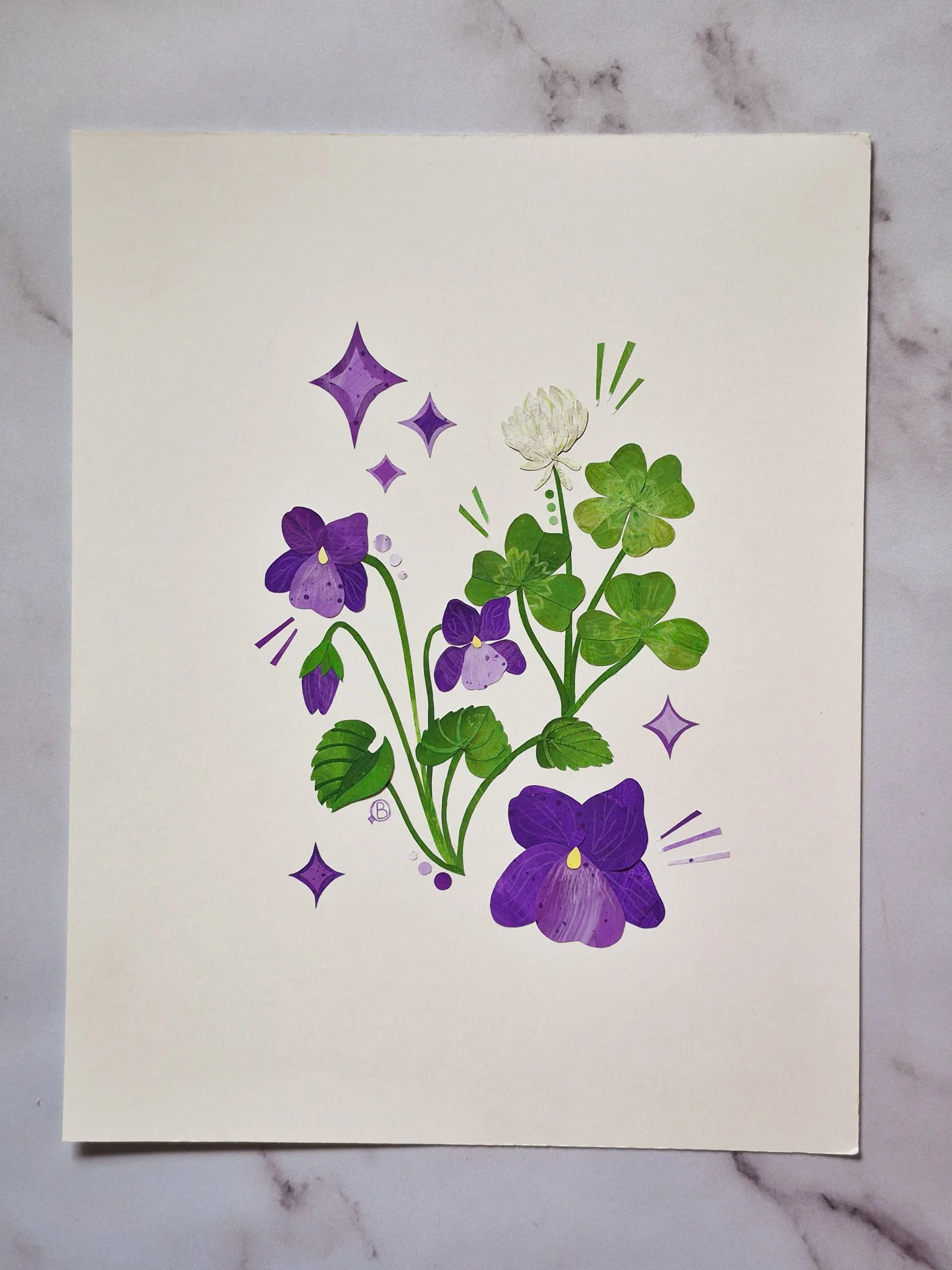 Botanical illustration of purple violets and green clover with whimsical details on a clean white background