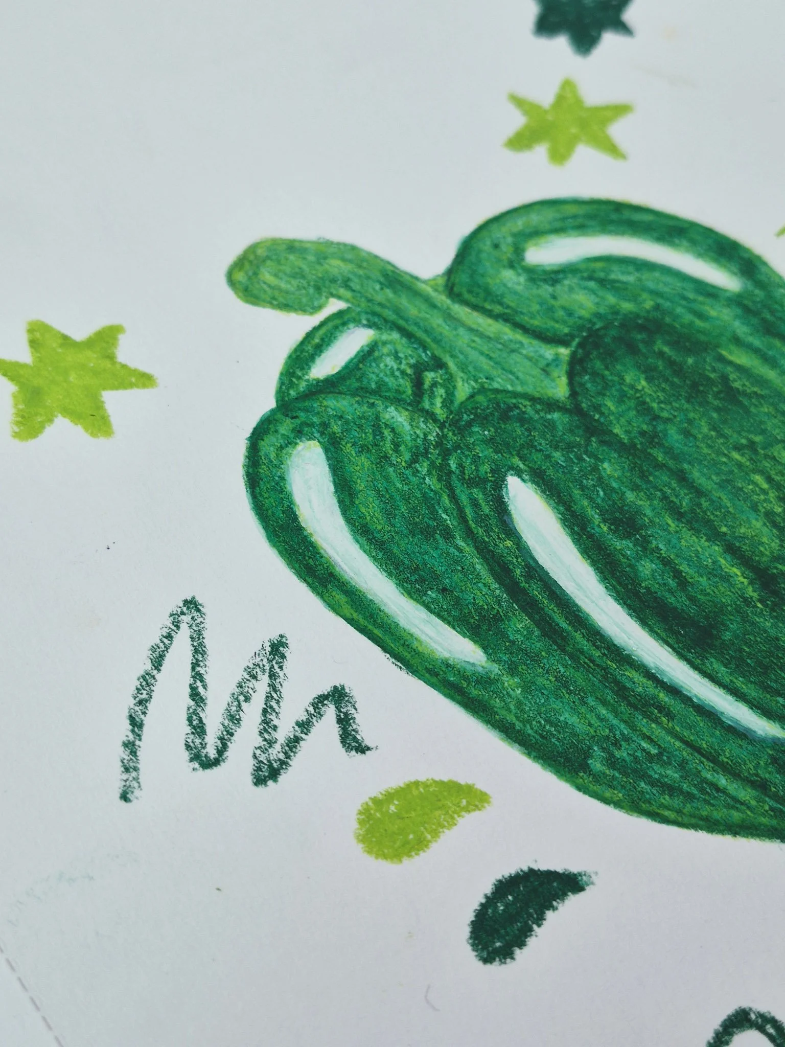 close up of a water pastel drawing of a green bell pepper