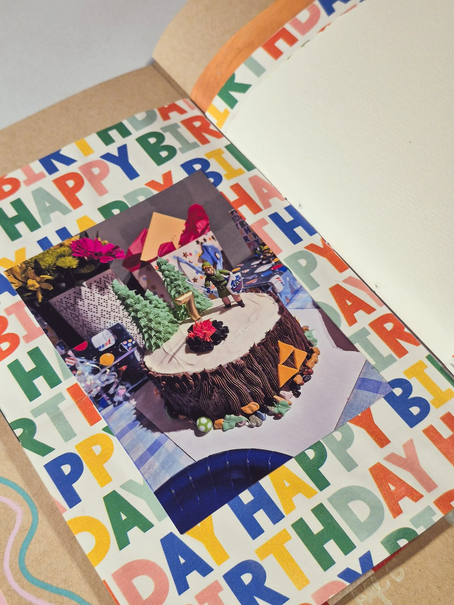 image of heARt journal birthday spread with a photo of a homemade zelda birthday cake and presents around
