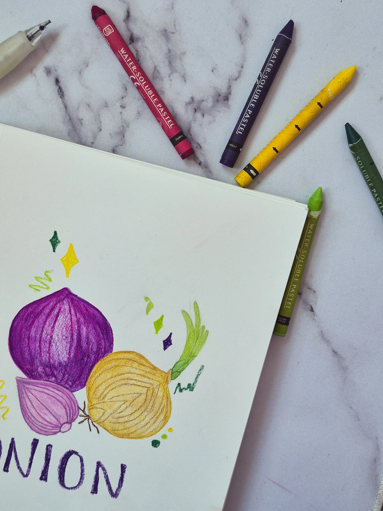 overhead image of illustrated purple and yellow onion with water pastels around the canvas