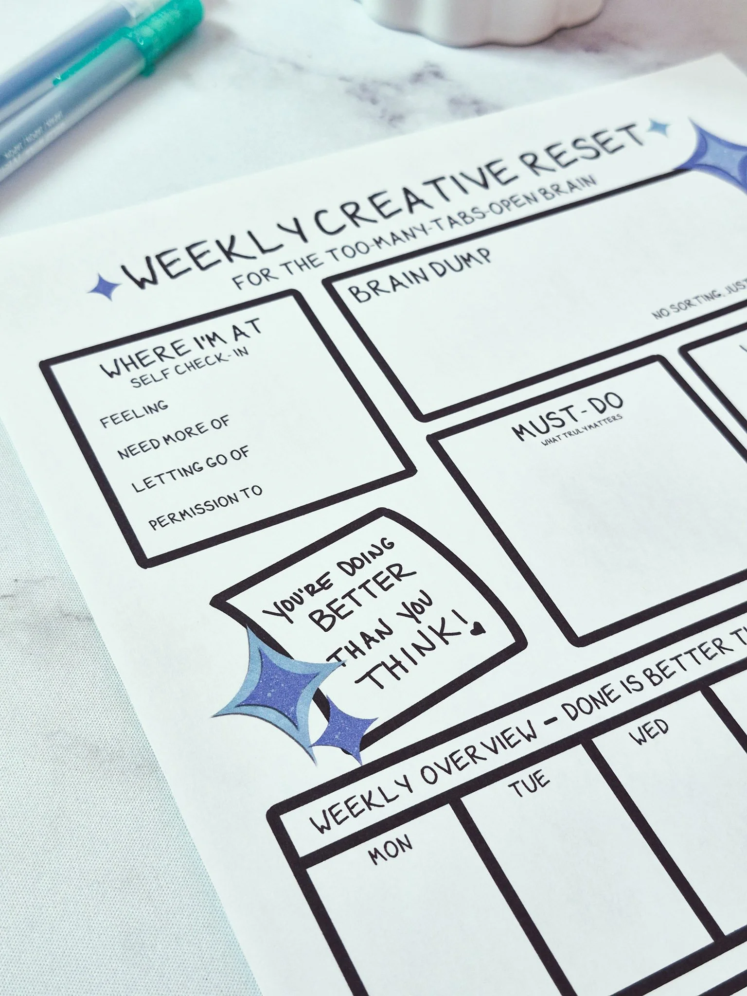 Detailed view of weekly creative reset planner showing structured sections for organizing tasks and ideas