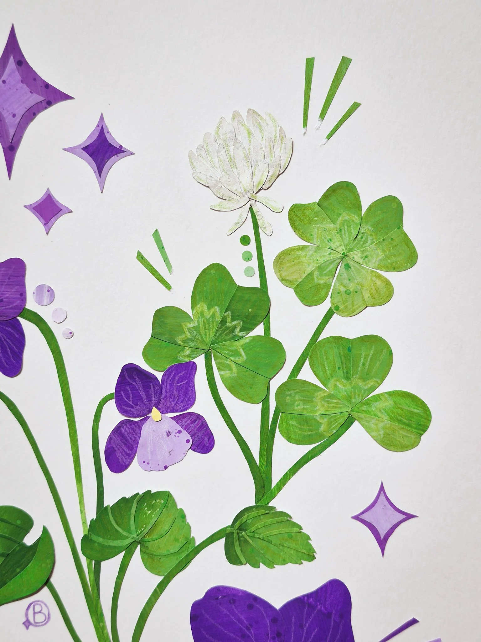details of a painted paper collage illustration featuring violet and clover and retro starbursts