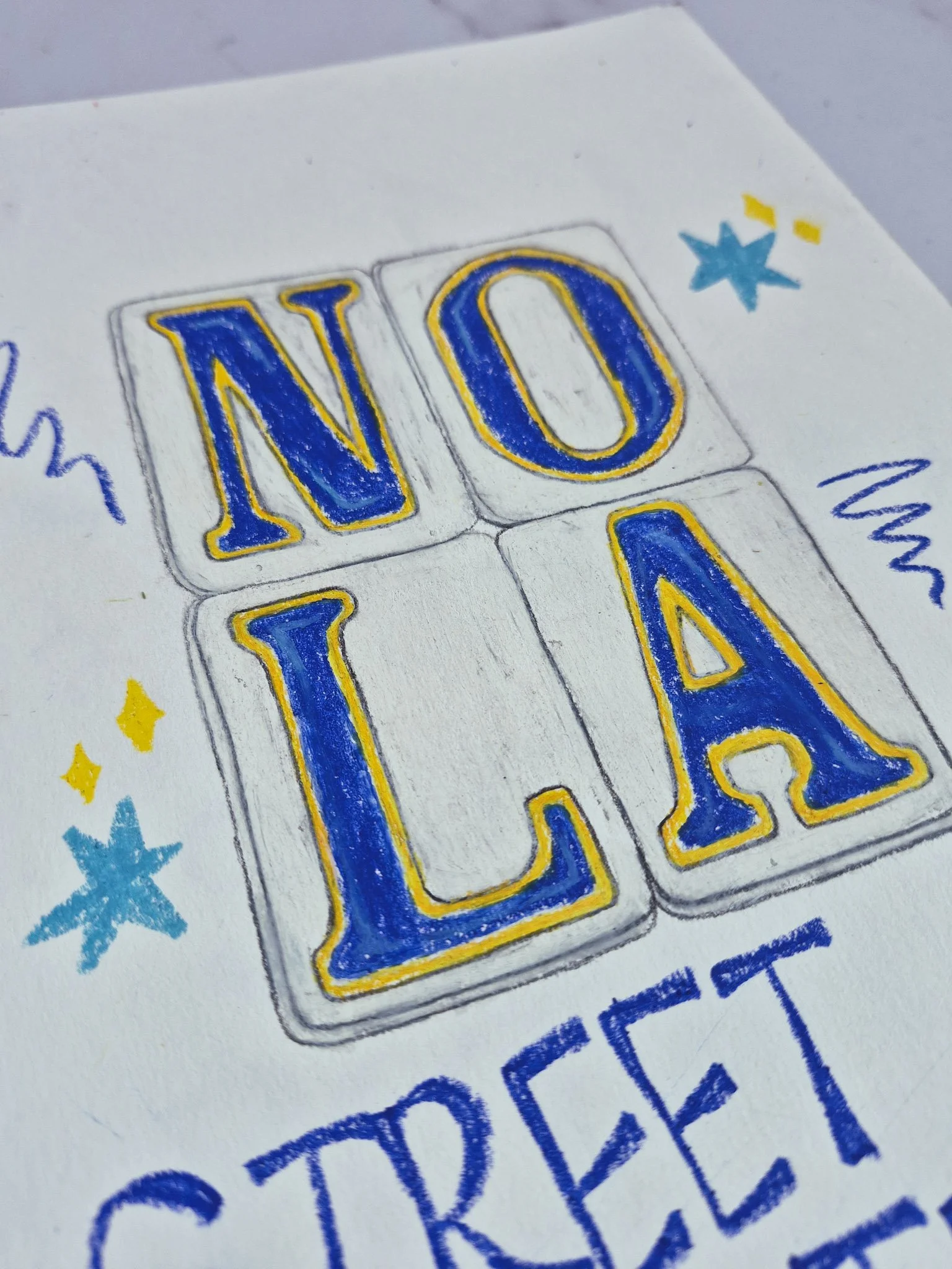 close up shot of mixed media drawing of iconic New Orleans street tiles