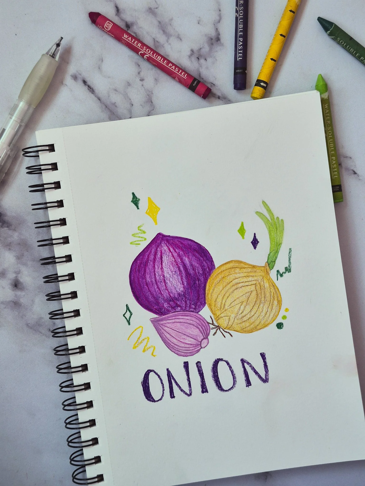 overhead shot of a sketchbook with a  hand-drawn illustration of a group of 3 onions