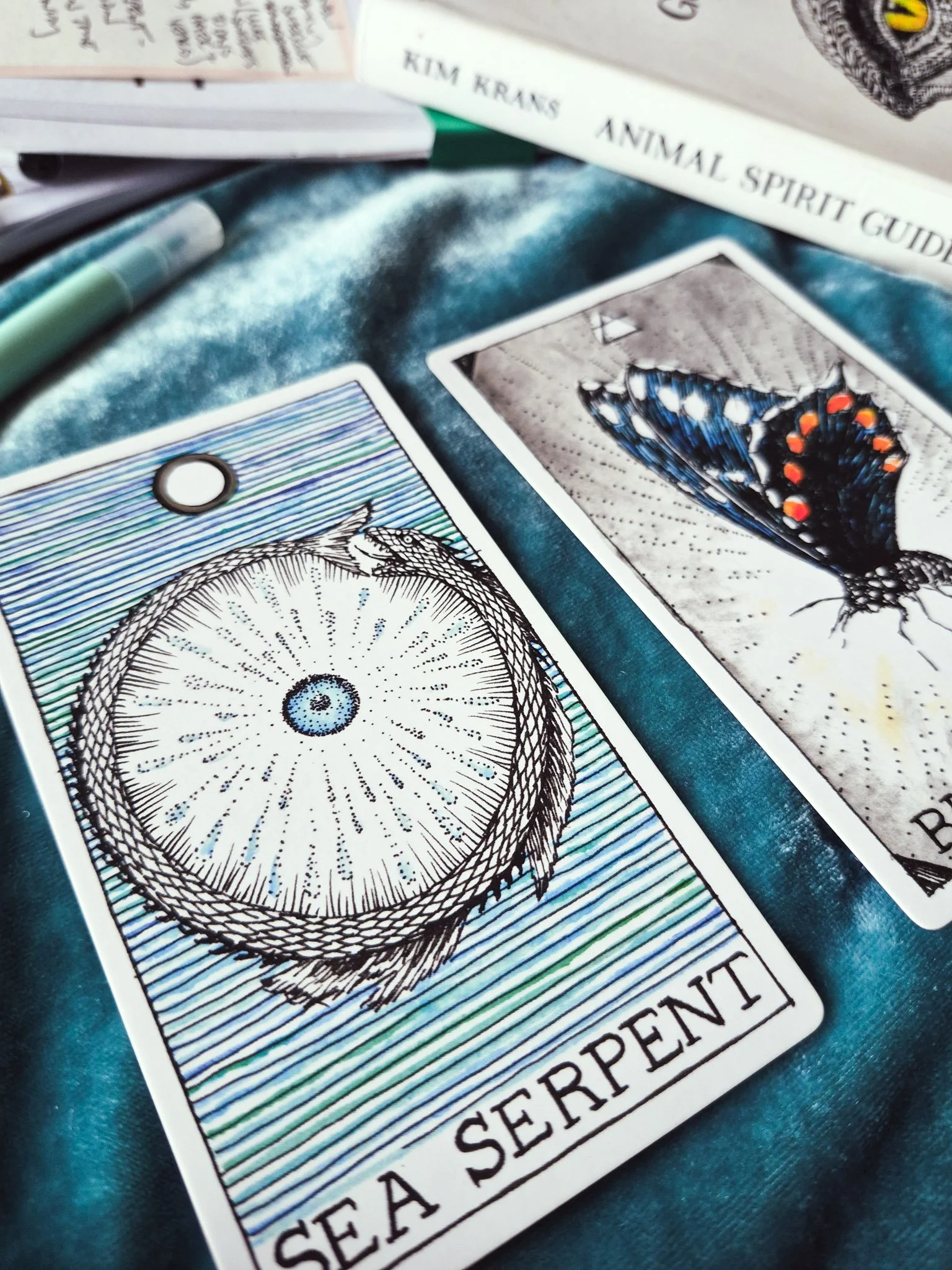 closeup of sea serpent and butterfly oracle cards