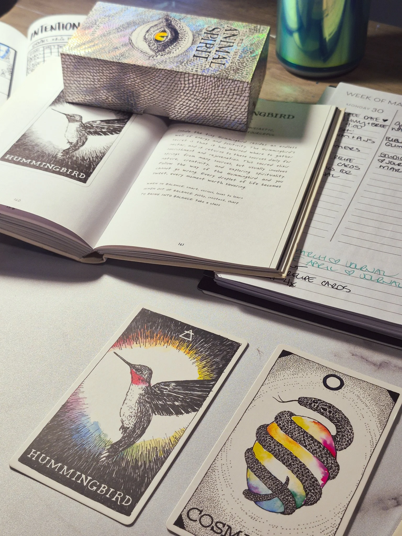 A thoughtfully arranged planning scene with an open planner, gentle natural lighting, and a peaceful, lived-in workspace vibe.