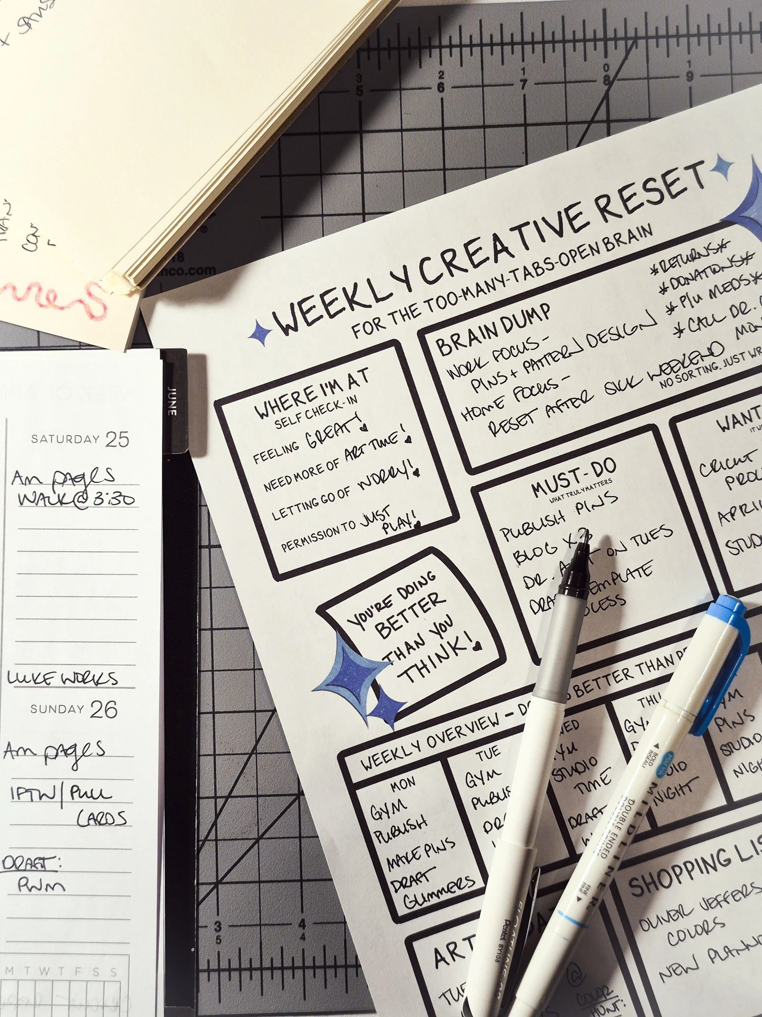 Weekly creative reset printable planner with sections for brain dump, must-do list, and self check-in, styled with dual brush pens