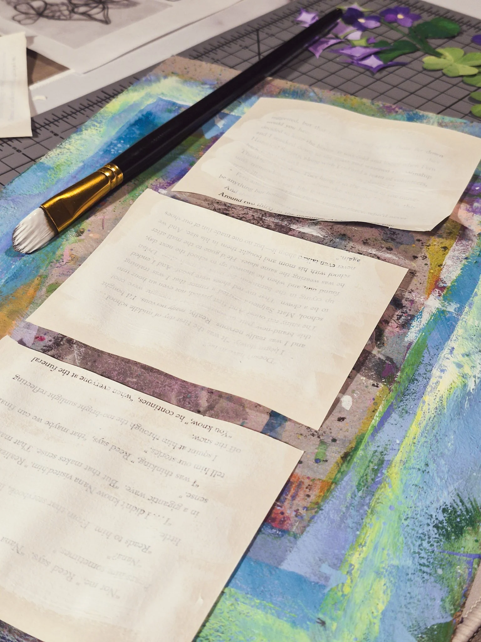 Mixed media painted papers on vintage book pages for collage and surface design