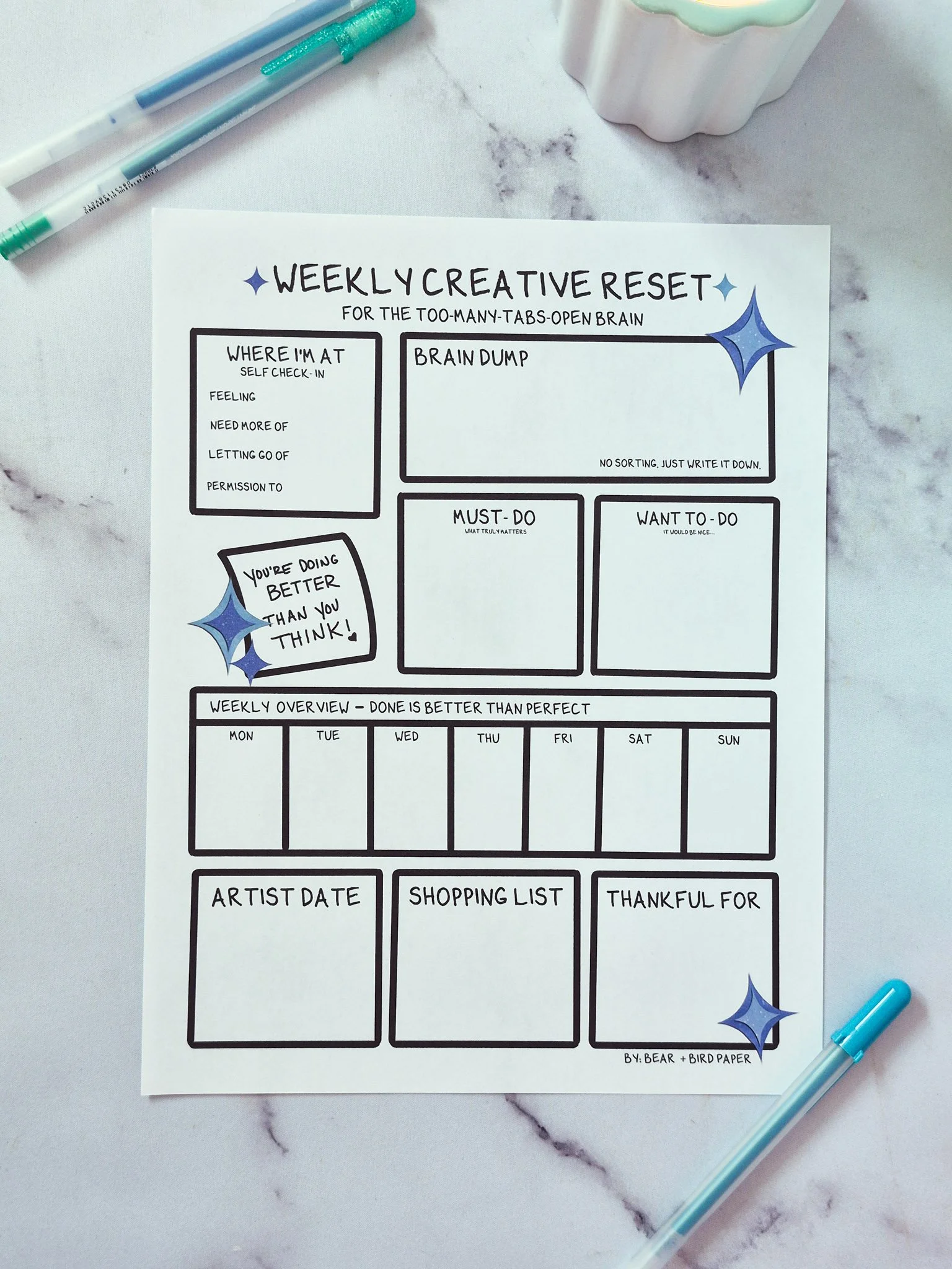 Weekly creative reset printable planner page with sections for brain dump, priorities, and weekly overview