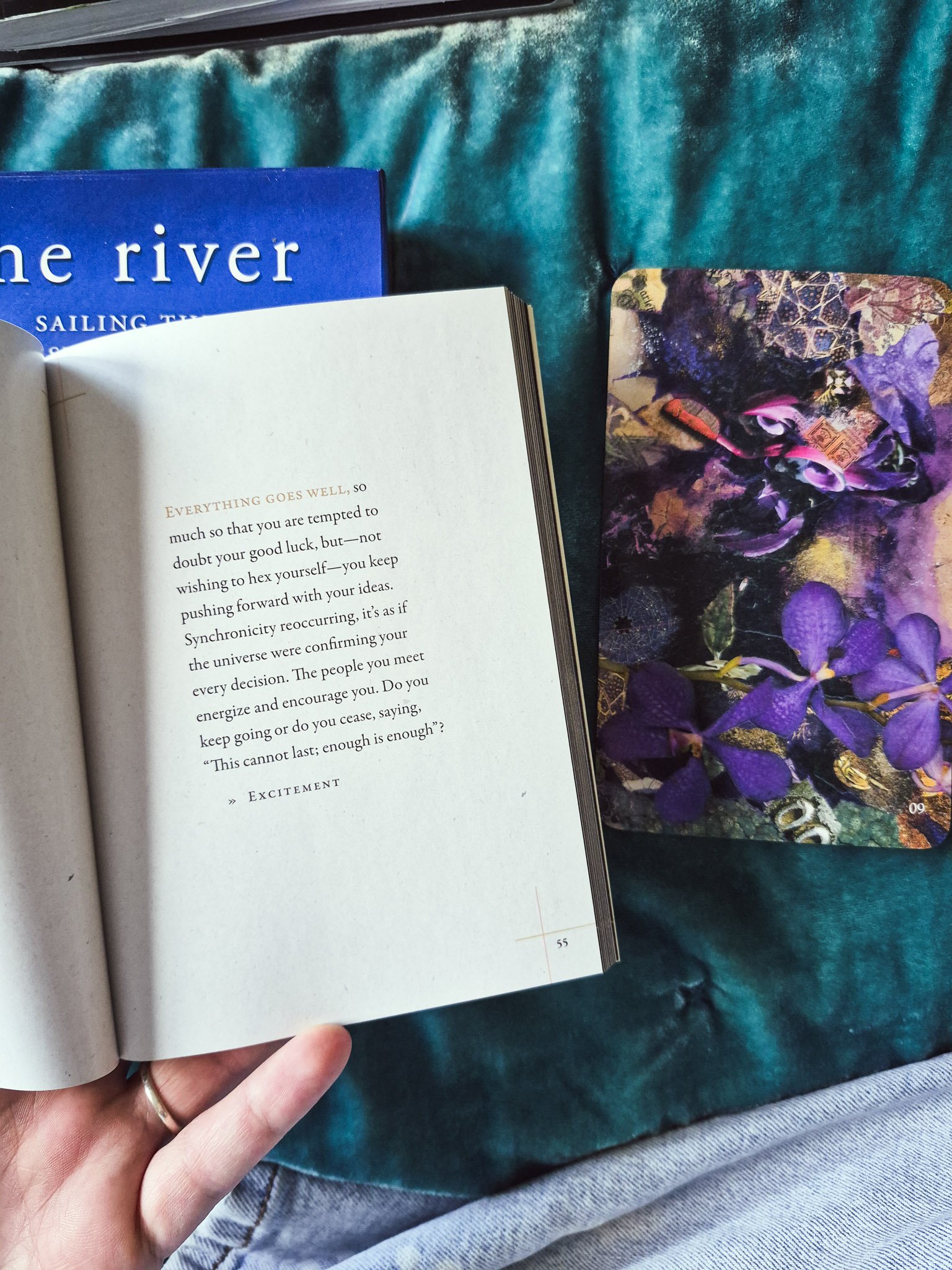 overhead image of a tarot deck The River by Nick Bantok and the open guidebook next to it
