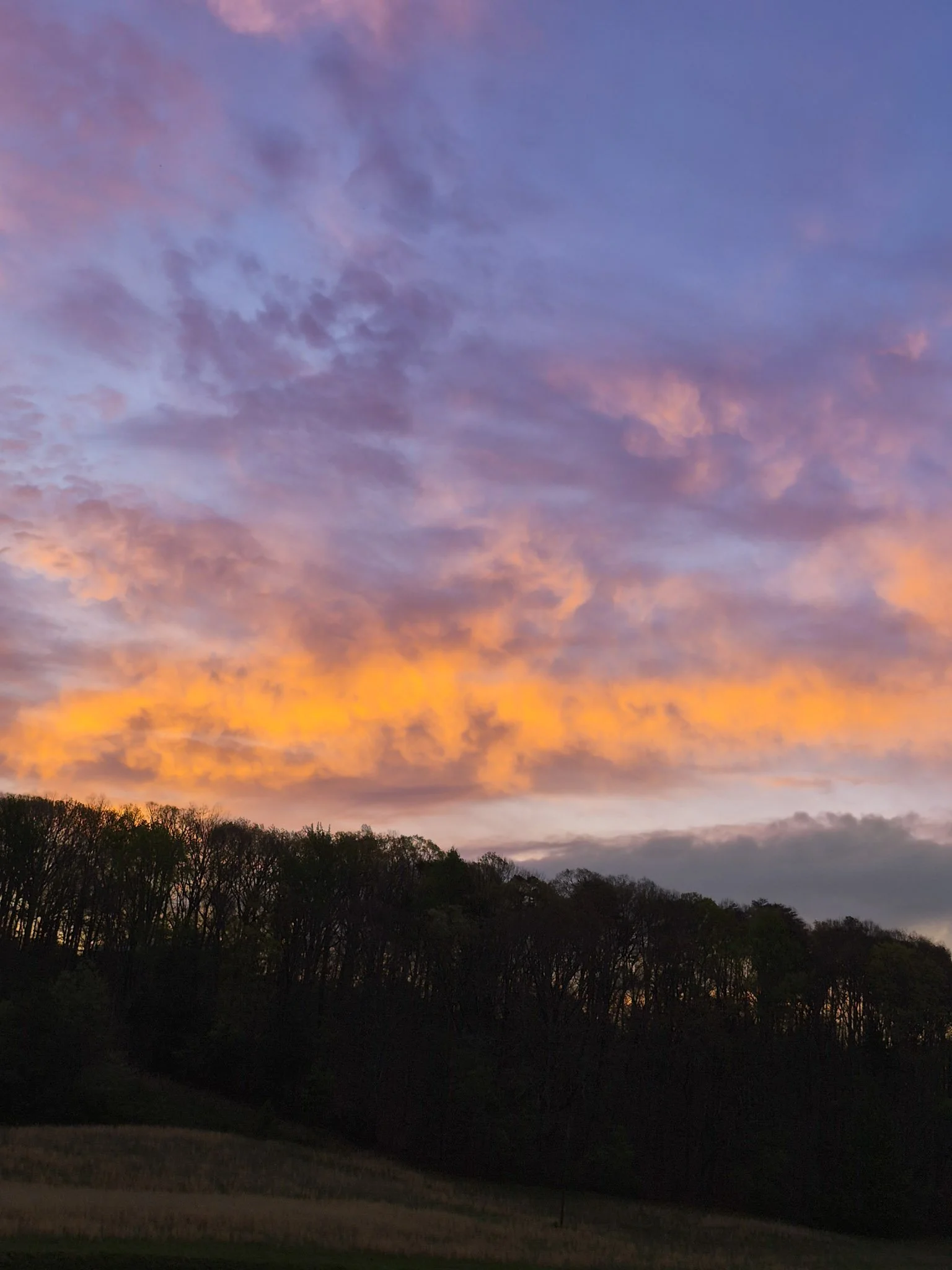 A soft spring sunrise over a Tennessee ridgeline with pastel pink and orange clouds stretching across a calm lavender morning sky.