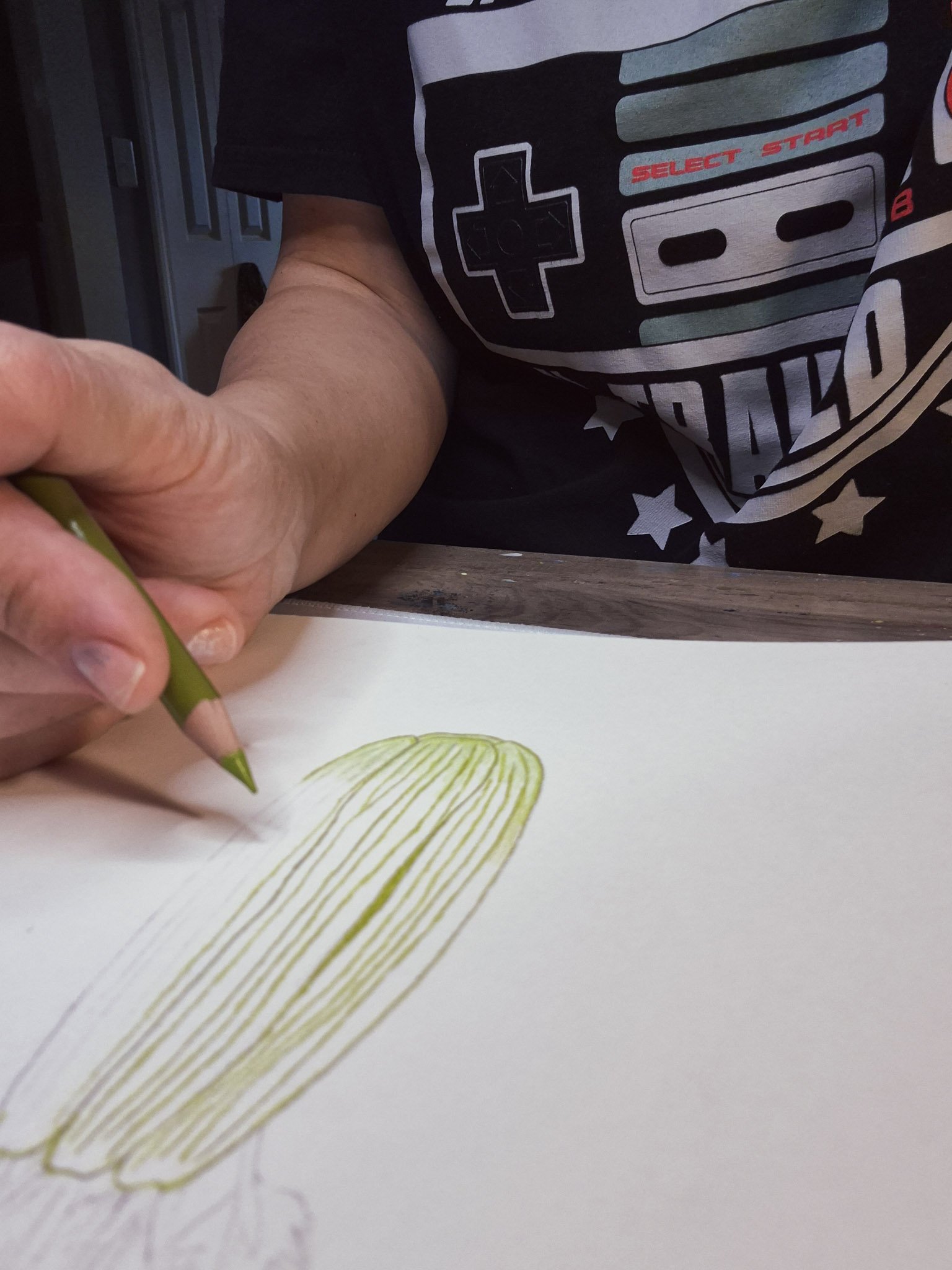 closeup image of artist's hand sketching a celery motif for 75 Art
