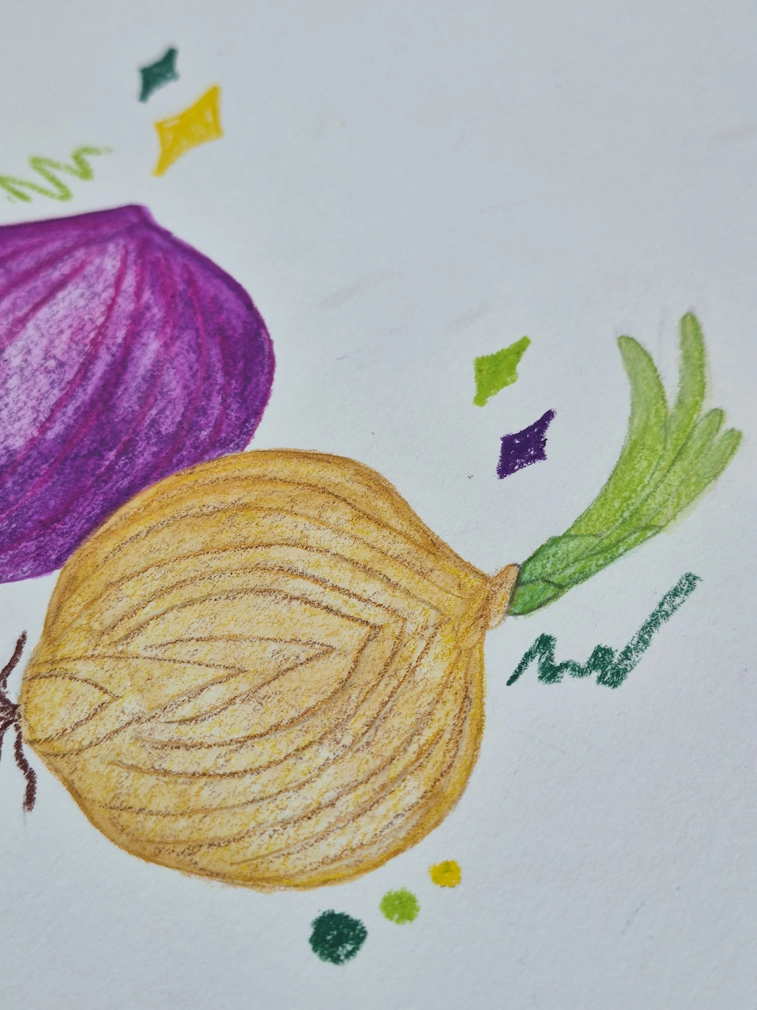 A closeup image of an illustrated yellow onion sliced in half with green sprouts coming from it's top